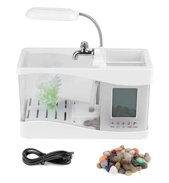 USB Desktop Mini Aquarium Fish Tank Beta Aquarium with LED Light LCD Display Screen and Clock Fish Tank Decoration with Pebbles 