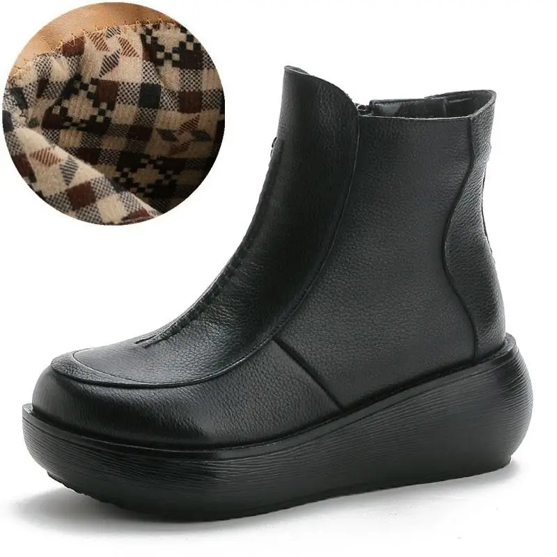 DRKANOL/; женские зимние ботинки; винтажные женские ботильоны из натуральной кожи на танкетке; Теплая обувь; зимние плюшевые ботинки на платформе; Botas - Цвет: Without plush black