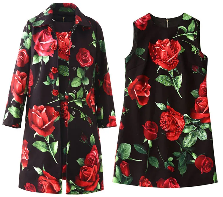 Svoryxiu Винтаж Роза цветочный принт черная верхняя одежда комплект из двух предметов женские высокого класса полушерстяные осень зима Подиум пальто, костюмы