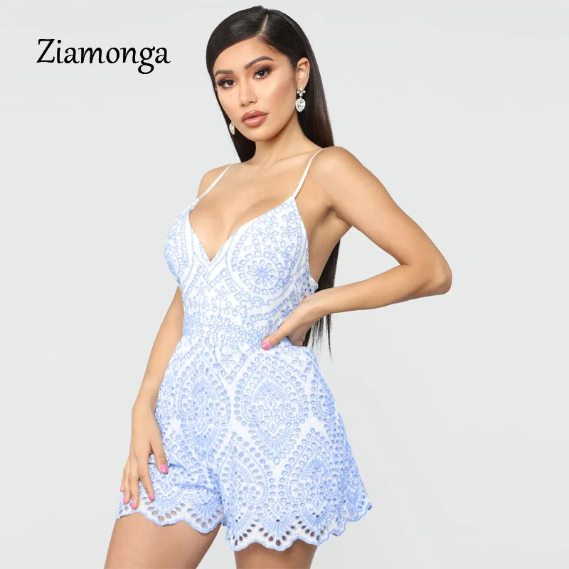 Blue Ziamonga сексуальный синий кружевной элегантный комбинезон крючком без спинки вечерние костюм пляжного типа женский комбинезон летний короткий повседневный комбинезон - Цвет: Blue