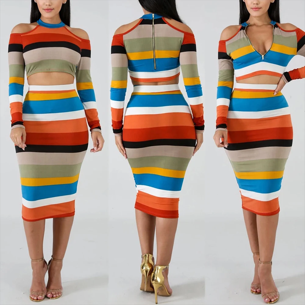 bohisen NEW 2019 Long Sleeve Knitted Leaky shoulder Sweaters Dresses Autumn Winter Casual Sexy Sweaters top and skirt suit