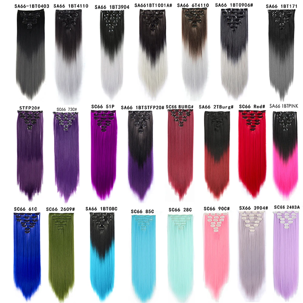 Synthetic Long Straight Clip in Hair Extensions 22" Women Fake False Hair Pieces Ombre Black Brown Blonde Styling 7Pcs