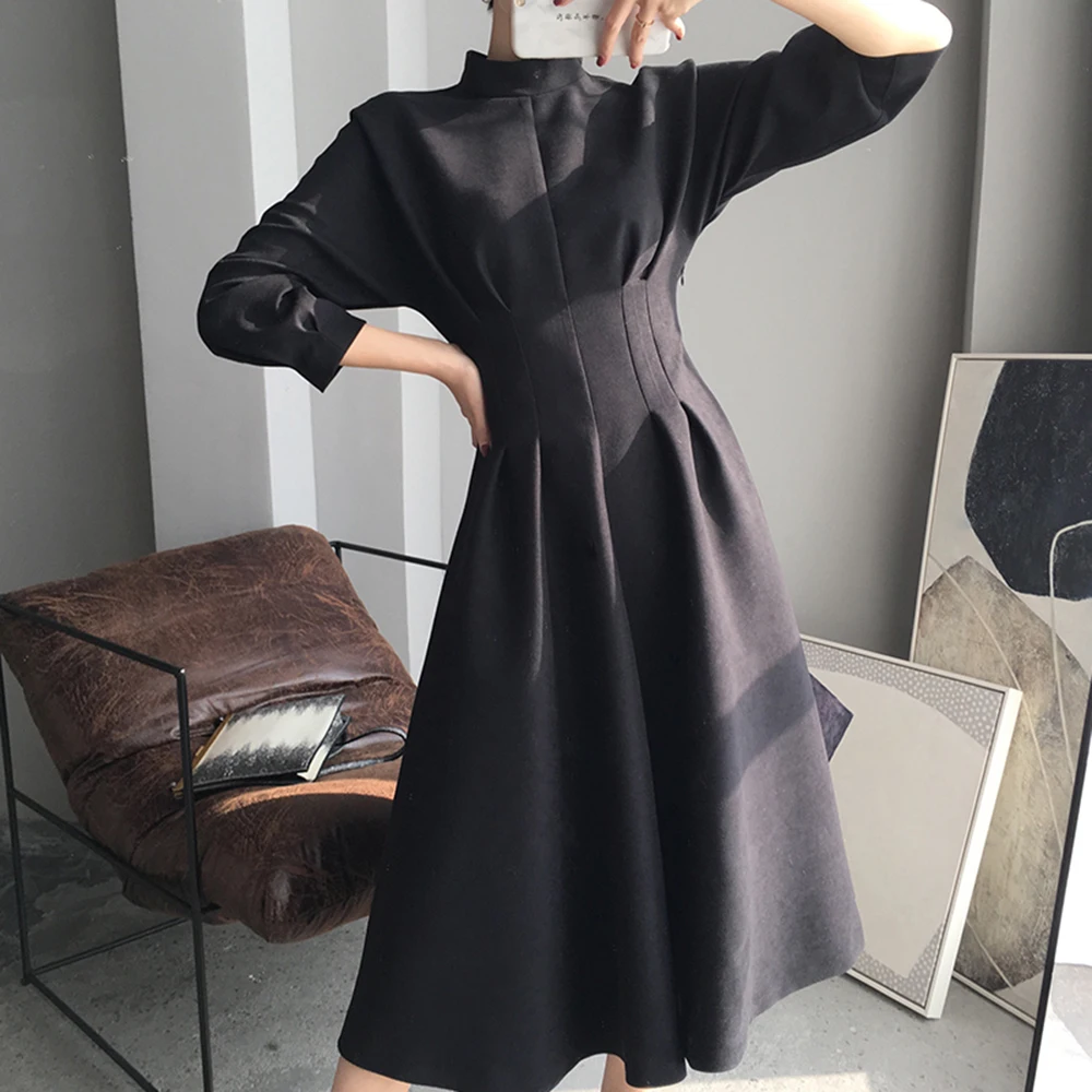 

Fall Korean Style Elegant Stand Collar Vintage Expansion Black Women Midi Dresses High Waist Pullover Chic Office lady Dresses