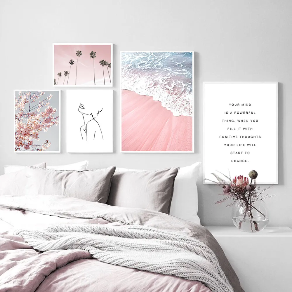 

PiNK Beach Nordic Poster Abstract Wall Art Canvas Painting Poster Quotes Canvas Pictures For Living Room Landscape Home Decor
