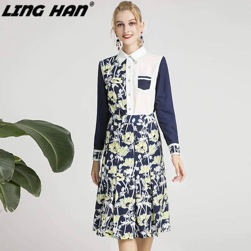

LING HAN Fashion Designer Suit Spring Summer Women Long sleeve Floral-Print Shirt Tops+Knee-Length Skirt Two-piece set