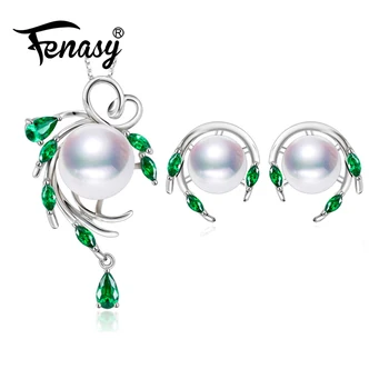 

FENASY Trendy 925 Sterling Silver Jewelry Sets For Women Green Emerald Natural Freshwater Pearl Stud Earrings Pendant Necklace