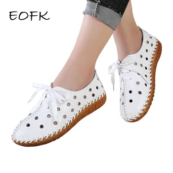 EOFK Women Flats Genuine Leather Shoes Woman Moccasins Comfortable Lace-up Handmade White Summer Sneakers Ballet Ladies Shoes 1