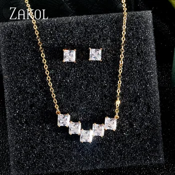 

ZAKOL Brand Luxury Geometic AAA Cubic Zircon Crystal Adjustable Necklace Earrings Set For Women Popular Square Bride Jewelry