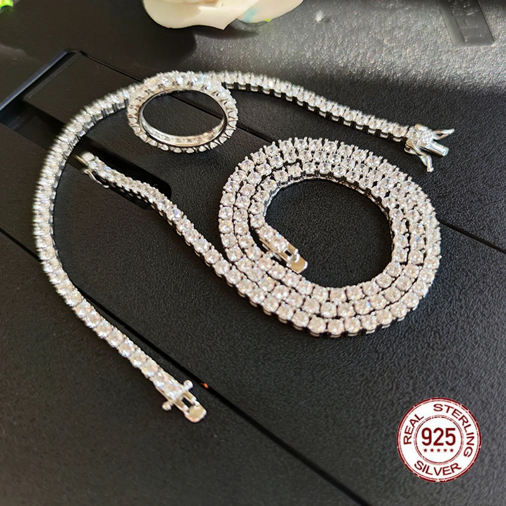 

Solid 925 Sterling Silver Tennis Necklace(16") Bracelet(7") Ring Set 3mm Zirconia Engagement Wedding Bridal Promise Jewelry sets