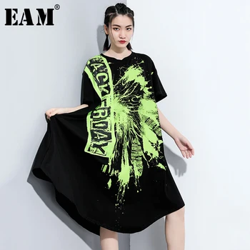 

[EAM] Women Green Pattern Printed Big Size Dress New Round Neck Half Sleeve Loose Fit Fashion Tide Spring Summer 2020 1W662