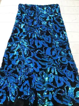 

Royal blue velvet sequins Lace fabric For Wedding Party Dress 2019 New Quality French Sequins Cloth Fabric 5Yards
