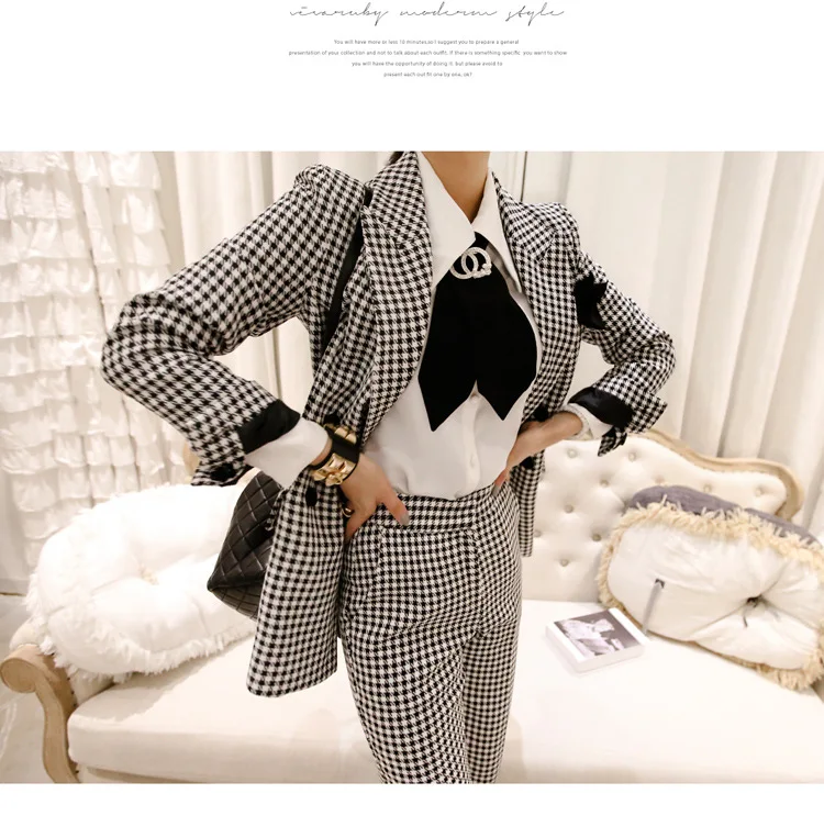 Plus Size Autumn Winter Formal Office Two Piece Set for Women Houndstooth Blazer and Pants Women Casual Sheath 2 Piece Set