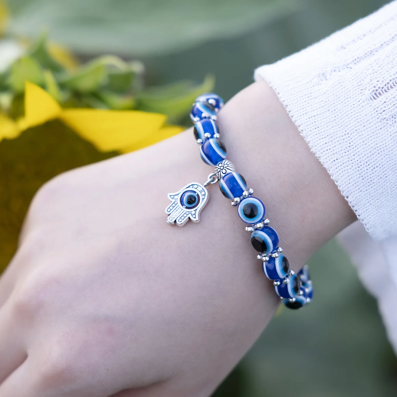 Blue Evil Eye Bracelet Hand of Fatima Turkey Thousand Eyes Wish Handmade Women's Resins Bead Bangle Elastic Bracelets Jewlery