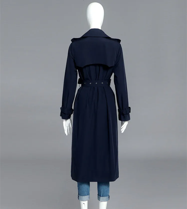 Navy Blue Women Trench Coat Fashion Double Breasted Extra Long Coat Temperament OL HIgh Quality Windbreaker Women Clothes
