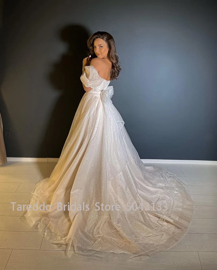 Wedding Dresses Two Pieces Shiny Glitter Puffy Sleeves Detachable Skirt Sweetheart A Line Backless