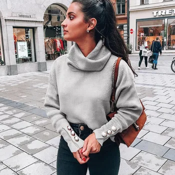 

2019 Women's Sweater Fashion Turtleneck Long Sleeve Autumn And Winter Warm Knit Top Loose Button Bottoming Casual Sweater Women