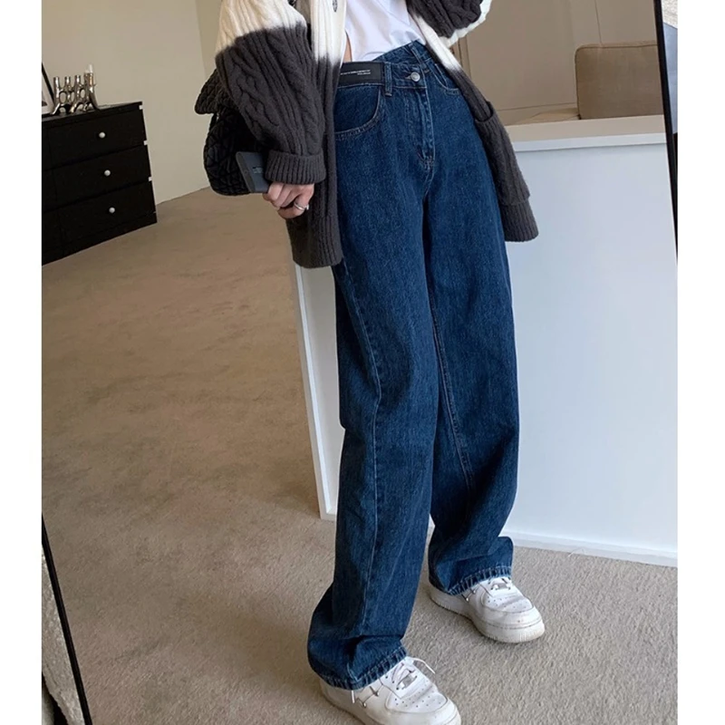 

High Waist Jeans Women Irregular Button Dark Blue Straight Harajuku Wide Leg Trousers Loose Spring Fashion Streetwear Denim Pant