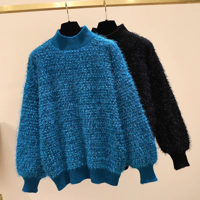 

Women Autumn Winter Sweaters Plus Size Turtleneck Casual Japan Style Lazy Outer Wear Plumpy Pullovers Female Tops Blue GX1232