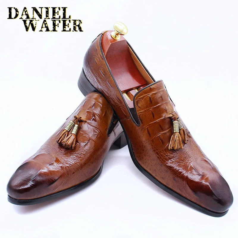MAN SHOES LOAFERS Slip-On-Tassels CROCODILE BROWN PRINTS BLACK CASUAL MENS LUXURY OFFICE