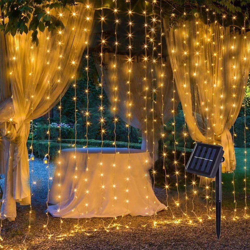 Guirnalda de luces LED solares para exteriores, cortina hadas para ventana, fiesta de Navidad, jardín, iluminación de vacaciones, 3x3m, 300LED|Lámparas solares LED| - AliExpress