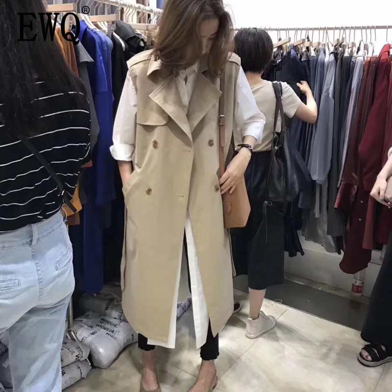 

[EWQ] 2019 Spring Autumn New Pattern Sleeveless Solid Patchwork Double Breasted Long Loose Windbreaker Vest Women AH10604