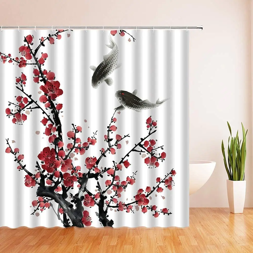 Koi Fish Sakura Shower Curtain Teal Turquoise Japanese Koi Fish Painting Style Flowers Leaves Fabric Bathroom Curtain Set Hook