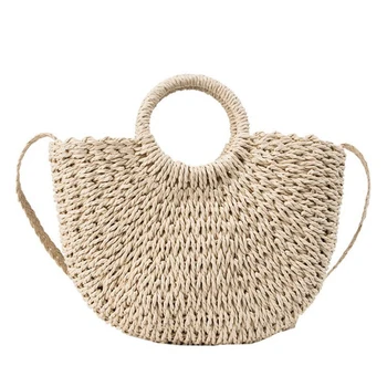 

Women'S Bag Straw Semicircle Art Beach Bag Travel Rattan Straw Bag Beach Portable Woven Bag Moon Bag Beige