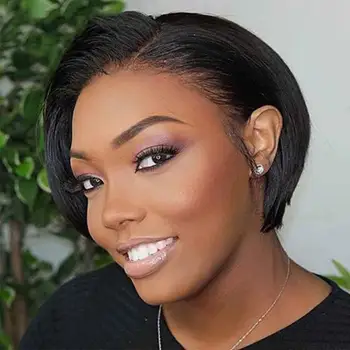 

Jet Black Short Bob Wigs Synthetic Large Cap Size For Black Women Adjustable Strap Cut Wigs Free Part Wigs Remy Hair Wigs