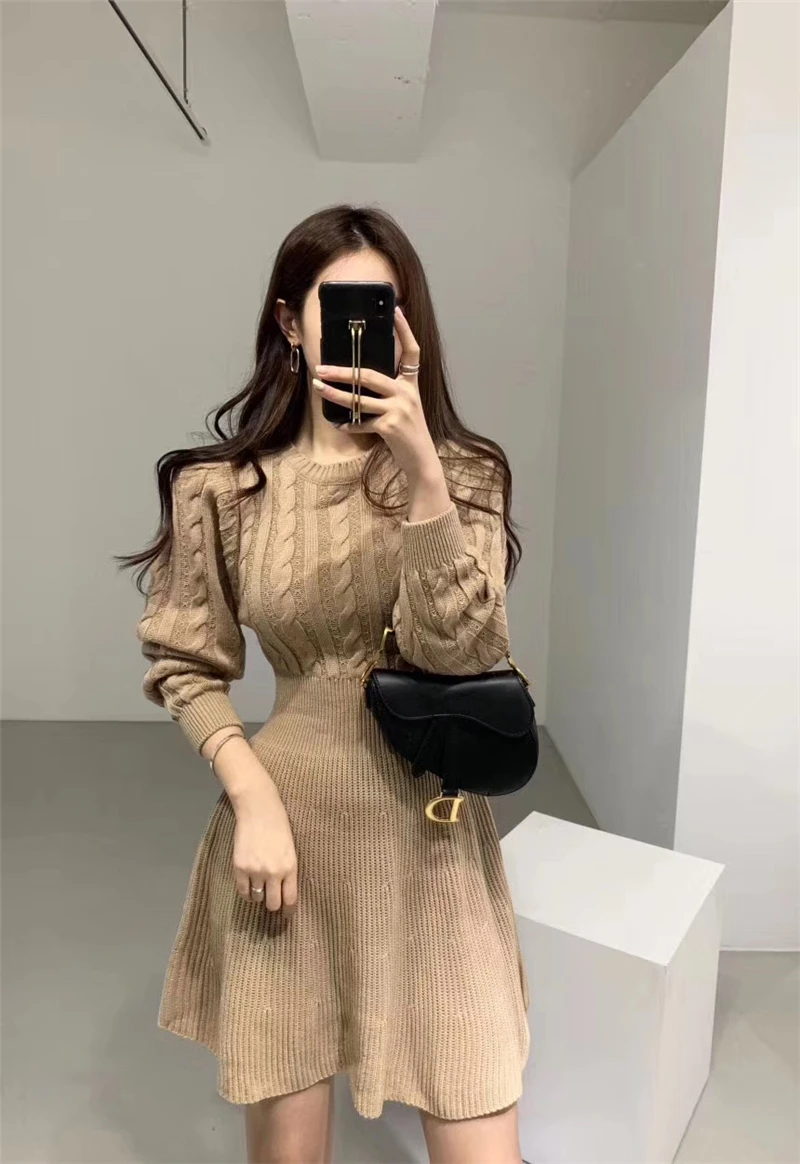 Fashion Autumn Winter Knitted Dress Women Twist Pattern Pleated Dress Elegant Solid Lantern Sleeve Tunic Sweater Dress Vestidos