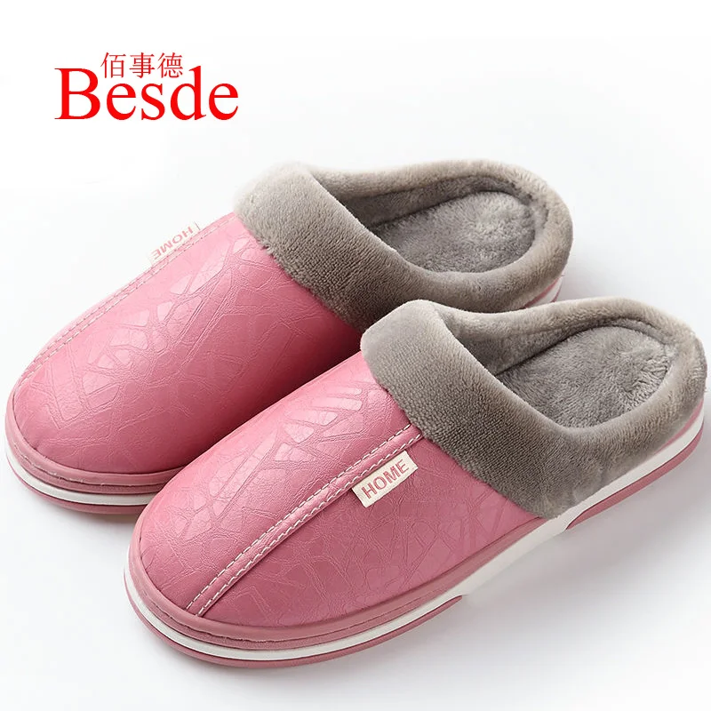 Роскошные брендовые тапочки; обувь унисекс; зимние домашние тапочки; женские кожаные тапочки; большие размеры 35-47; женские меховые Тапочки - Цвет: Pink