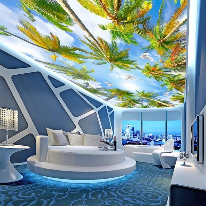 Beibehang-Hawaii-summer-coconut-palm-tree-ceiling-painting-blue-sky-and-white-clouds-ceiling-custom-large (4)