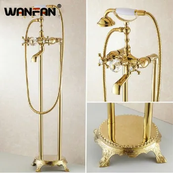 Cheap Bathroom Golden Floor Stand Shower Faucets Luxurious Free Standing Bathtub Faucet Tap Dual Handle Plumbing Water Crane HJ-5028K