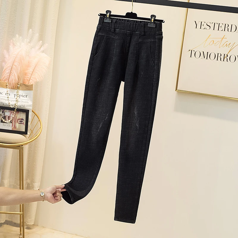 

Winter Plus Size Elastic Waist Thinck Velvet Jeans Woman High Waist Skinny Pull Up Warm Denim Female Ankle Length Harem Pants4XL
