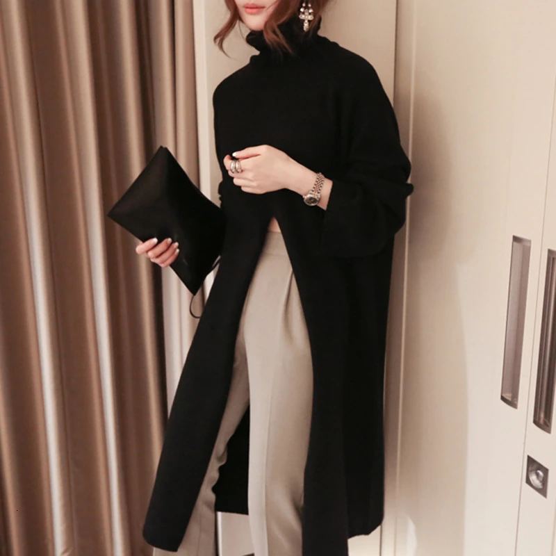 Split Black Sweater Women Long Sleeve Turtleneck Knitted Pullover Tops Female Clothes Korean 2019 Winter New