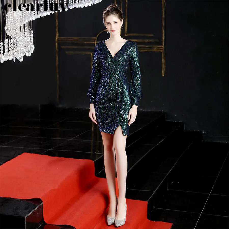 Платье для выпускного вечера с блестками Vestidos De Gala зеленое сексуальное платье с v-образным вырезом женские вечерние платья ночного DX233-4 популярного размера плюс платье для выпускного вечера с длинным рукавом