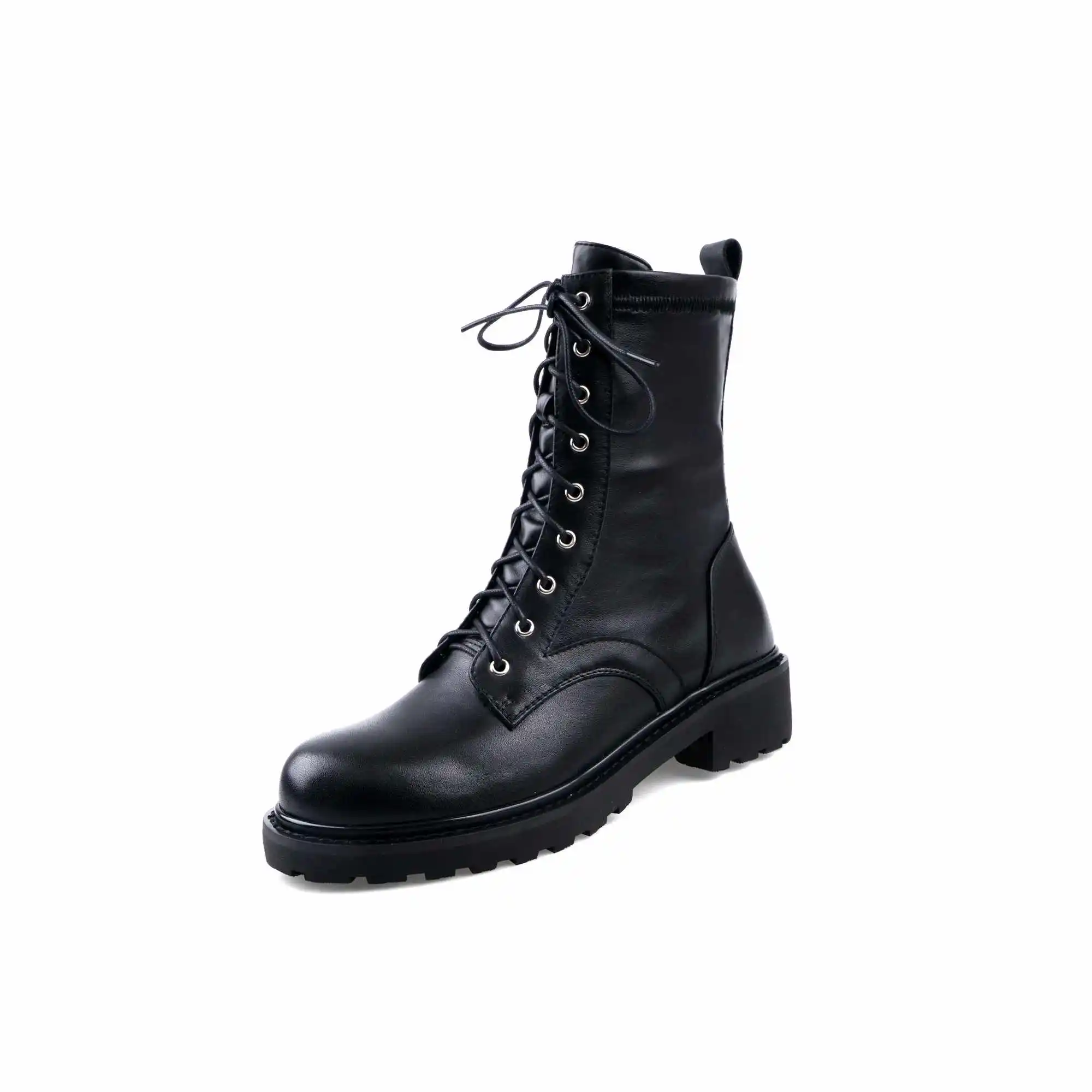 Lenkisen classic British lace up genuine leather round toe med heels fashion basic women winter keep warm mid-calf boots L73