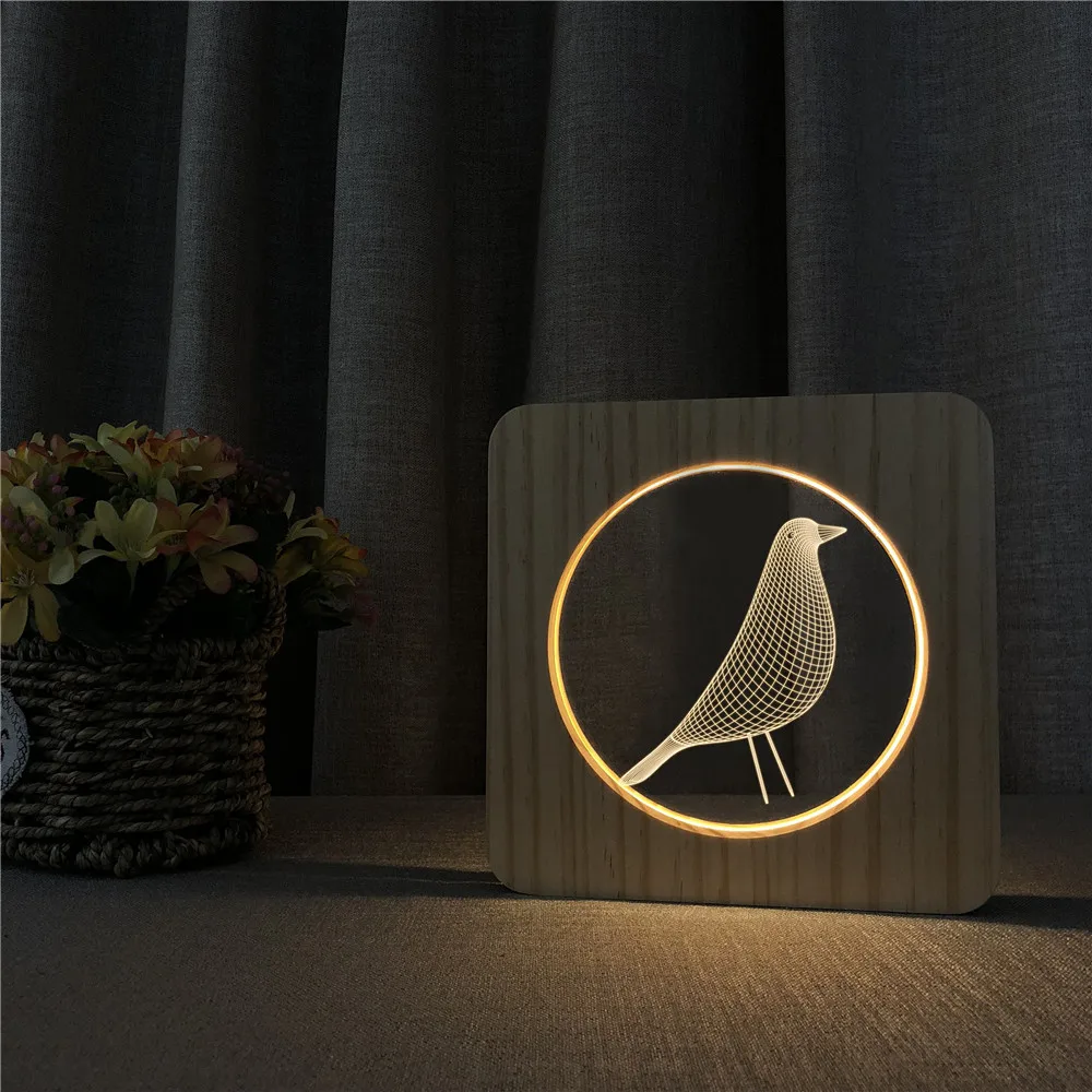 Sparrow Bird 3D LED Arylic Wooden Night Lamp Table Light Switch Control Carving for Children's Room Decorate Dropshipping | Лампы и