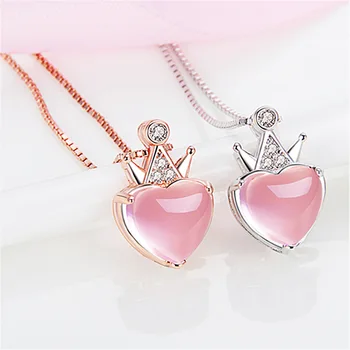 

Crown Heart Pendant Necklace Fashion Silver Clavicle Chain Simple Net Red Pink Crystal Pendant Confession Gift