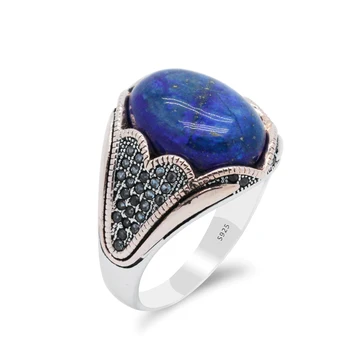 

Male Ring With Natural Agate/Lapis Stone 925 Sterling Silver Exquisite Design Vintage Handmade Turkish Wedding Jewelry 2020 New