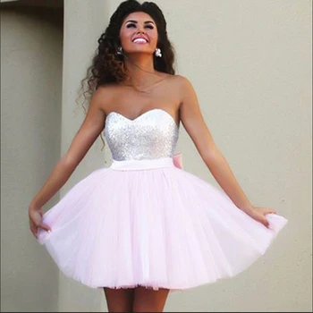 

Sweetheart Sequined Top Homecoming Dresses PinkTulle Prom Gown Lovely Bow Cocktail Party Dress