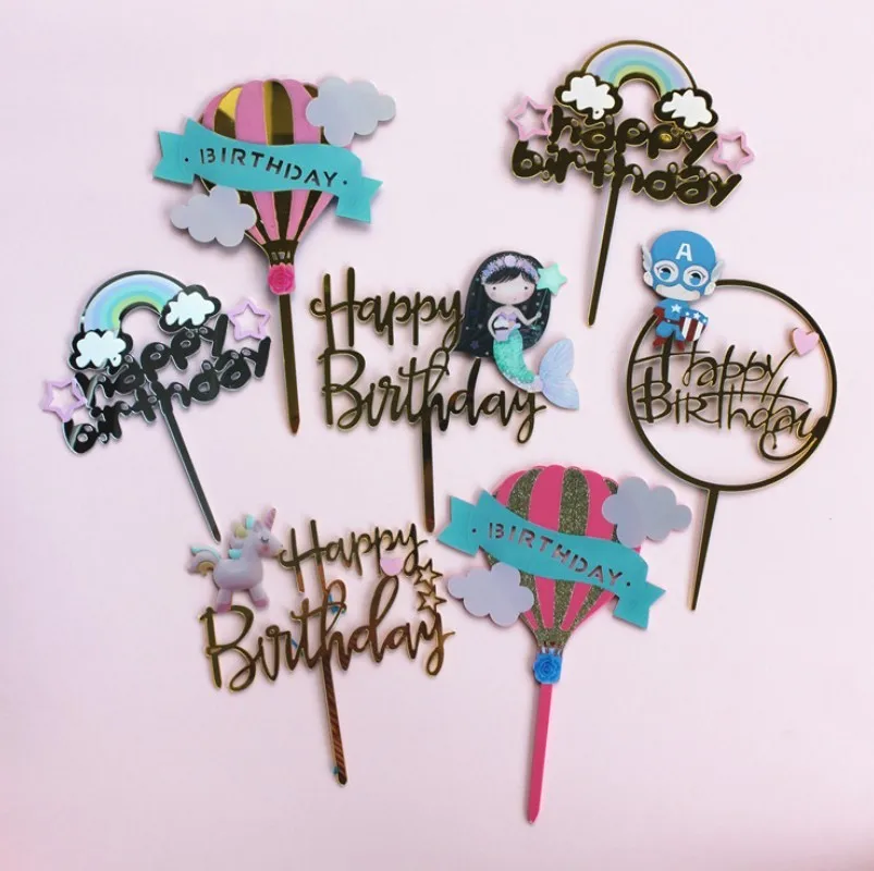

Acrylic Cake Top Hat Rainbow Hot Air Balloon Happy Birthday Cake Topper Baby Shower Mermaid Unicorn Party Cake Decoration