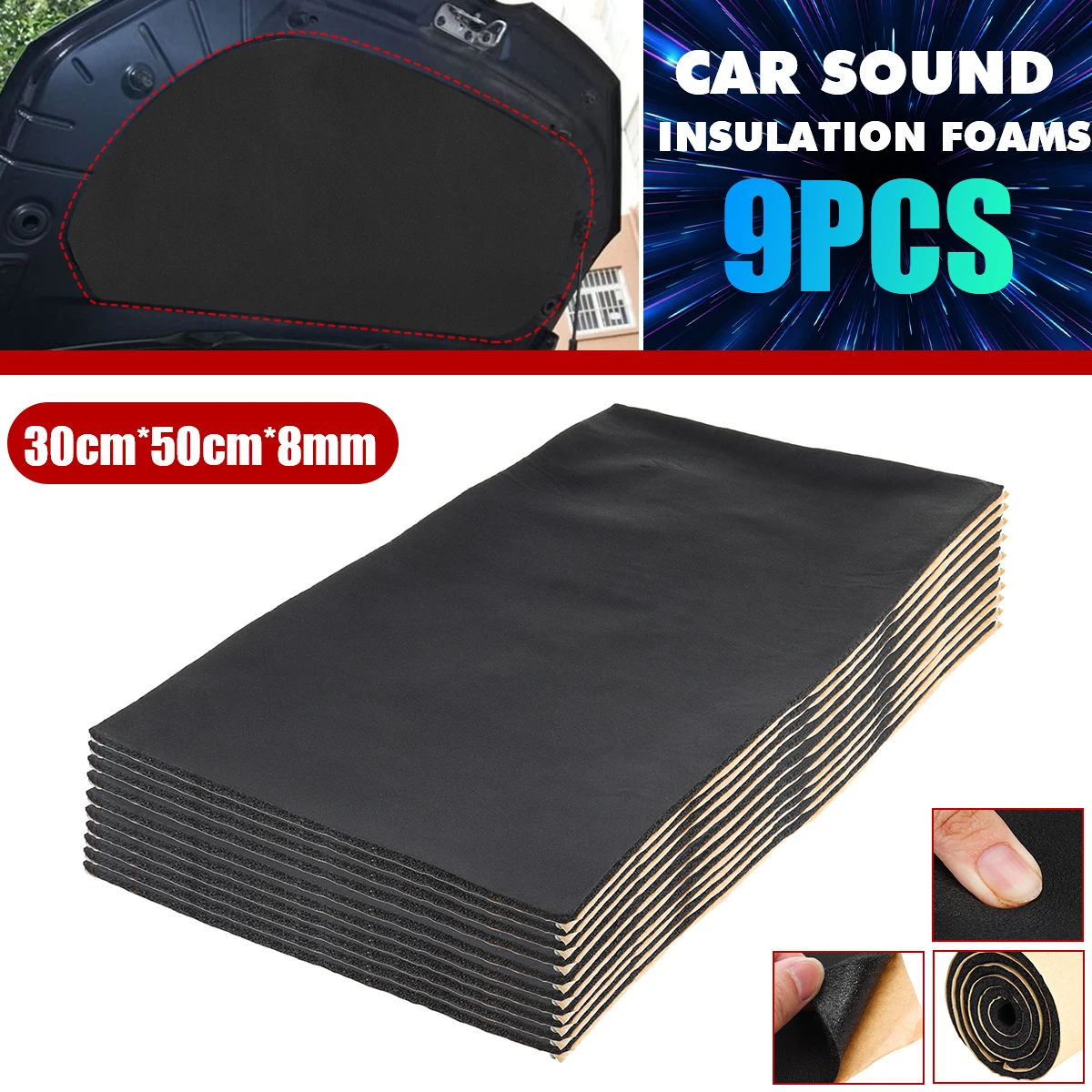 9pcs 6MM Car Sound Dampening Mats Subwoofer Audio Insulation Foam Self Adhesive