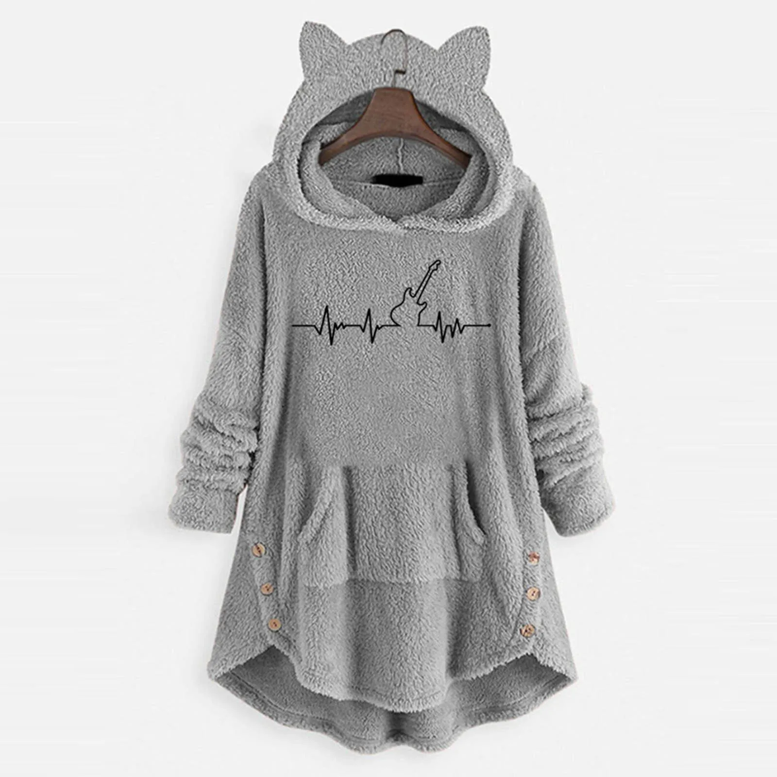 Fashion Plush Hoodies Sweatshirts Women Jackets Button Coat Top Hooded Pullover Loose Plus Size Warm Thick Windbreaker Outerwear 2