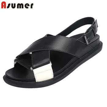 

ASUMER 2020 new arrive women sandals genuine leather shoes mixed colors summer flat shoes comfortable beach casual shoes woman