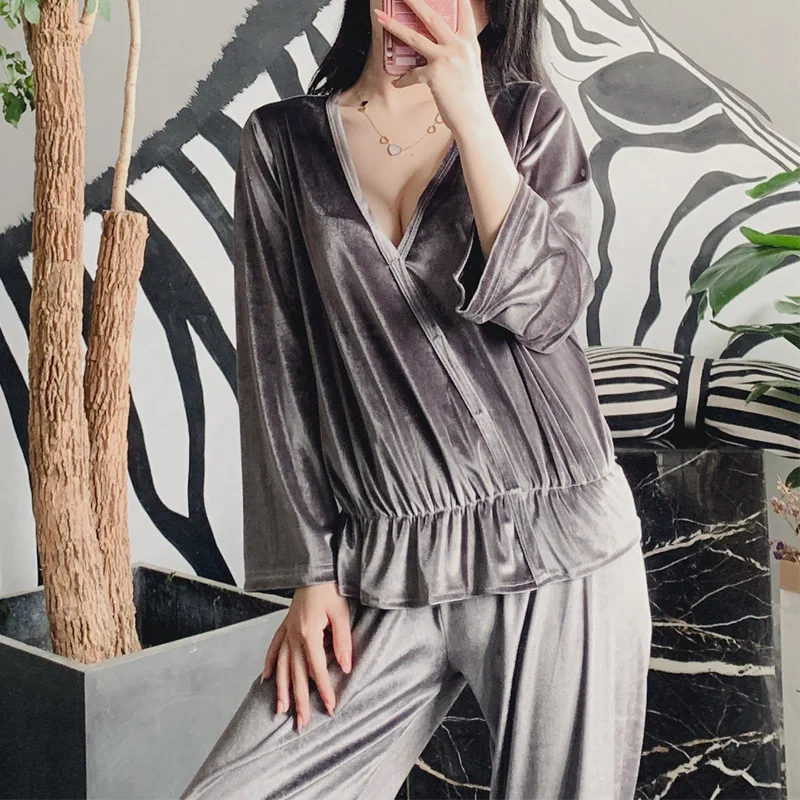 

2019 Autumn Winter Gold Velvet 2 Pieces Women Warm Pajamas Sets with Pants Sleepwear Long Sleeve V-Neck Thick Nightwear