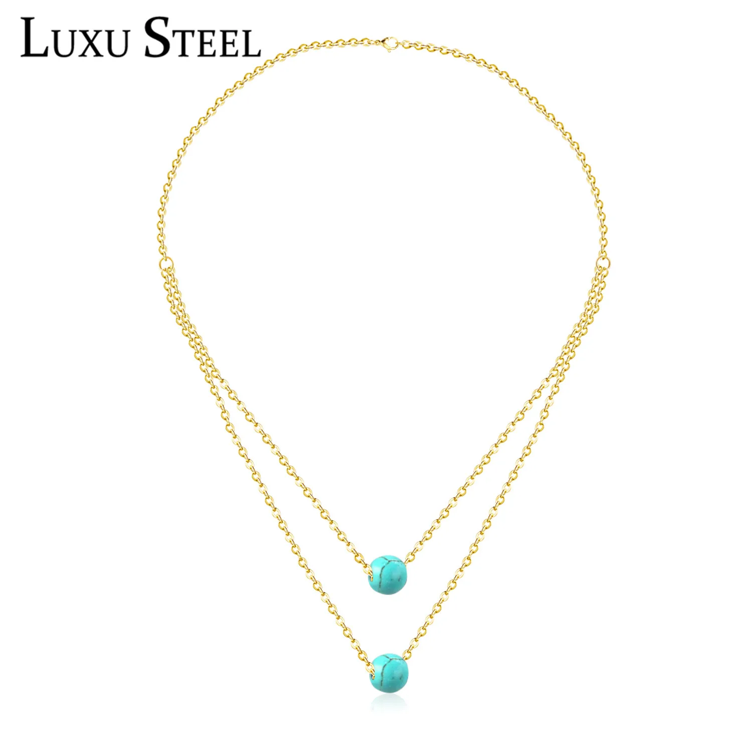 LUXUSTEEL Нержавеющая сталь двойной круглый зеленый камень кулон ожерелье цепь