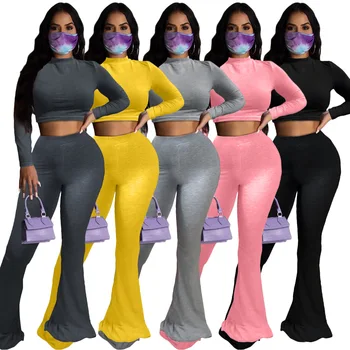 

Echoine Sports Casual Women's Two-Piece Set Solid Color O-Neck Long Sleeve Crop Tops Long Flare Pants Female Jogger Tracksuits