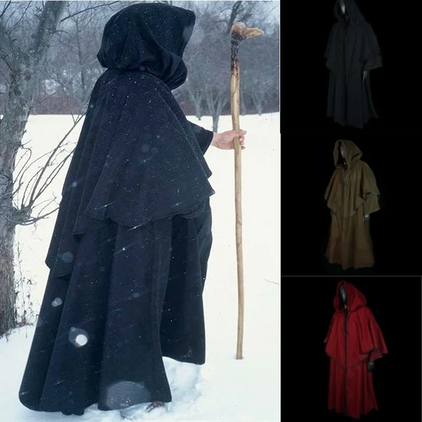 Vintage Unisex Men and Women Medieval Cape Long Sleeve Oversize Hood Robe Black Renaissance Larp Coat Cape Witch Wizard Fantasy Clothes
