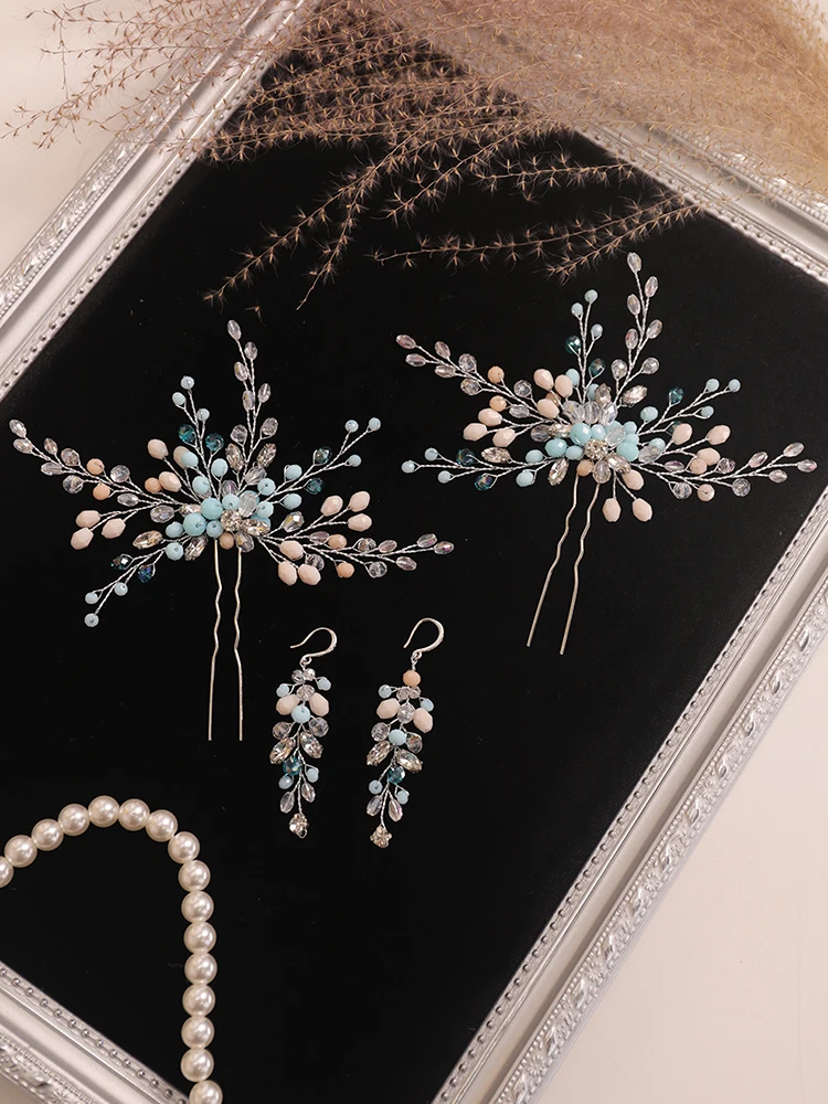 Bohe Wedding Hair Accessories Set Blue Rhinestone Crystal Bride Hair Pin and Earrings Women Ornaments Bridal Headwear