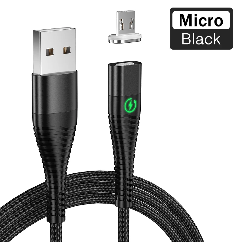 YKZ Магнитный кабель Micro type C светодиодный светильник 3 А Быстрая зарядка Магнитный USB C кабель для iphone samsung Xiaomi кабель для передачи данных - Цвет: Black for Micro